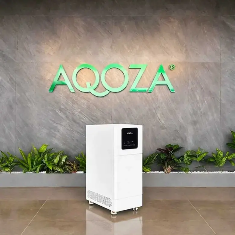 AQOZA air purification unit in a reception lobby